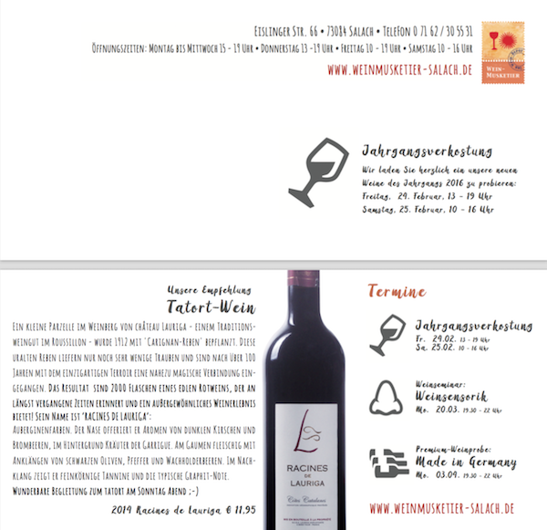 Das aktuelle Anschreiben Wein-Musketier Kerstin Rippchen in Salach, Weinprobe, Weinverkostung in Salach, Racines de Lauriga, Carignan
